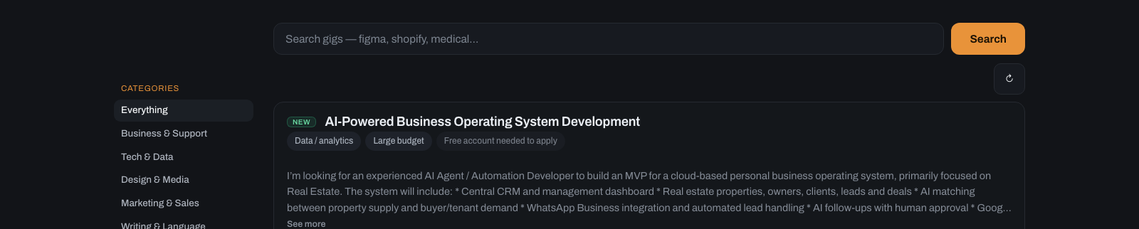 The Nabbly board: a search box above a category rail — Business and Support, Tech and Data, Design and Media, Marketing and Sales, Writing and Language — beside a gig posted minutes ago.